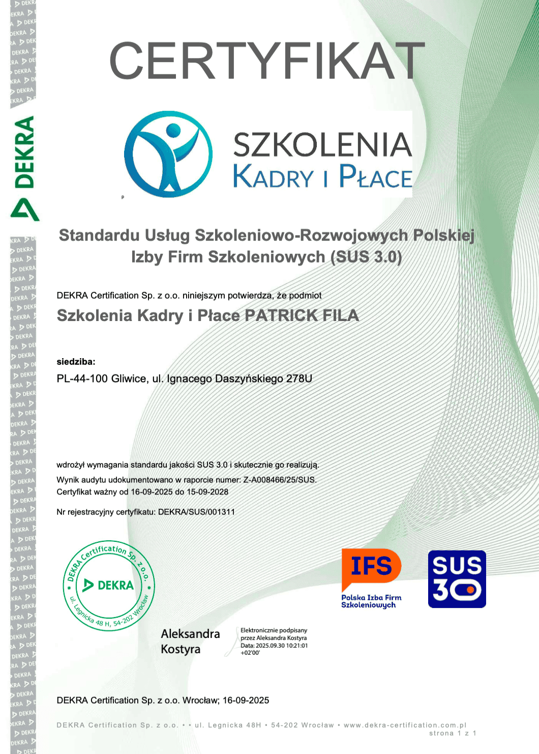 Certyfikat SUS 3.0 Szkolenia Kadry i Płace